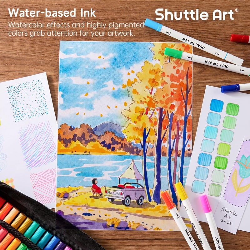 Shuttle Art Dual Tip Brush Marker Pens, 105 Colors Fine and Brush Tip Markers Set in Portable Case with 1 Coloring Book for Kids, Water-based Ink Adult Artist Coloring Calligraphy Journal Doodling - Image 5